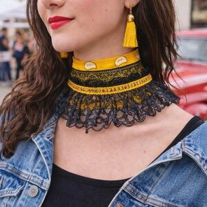 Artisan Collar OOAK Yellow Bandana Black Lace Goth Choker | Boho Necklace Tie On